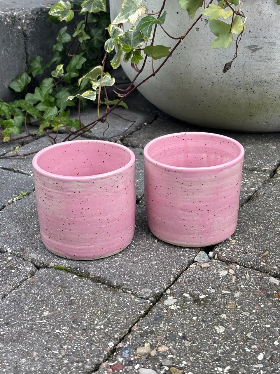 Två rosa bägare med mörka fräknar, stående bredvid varandra.