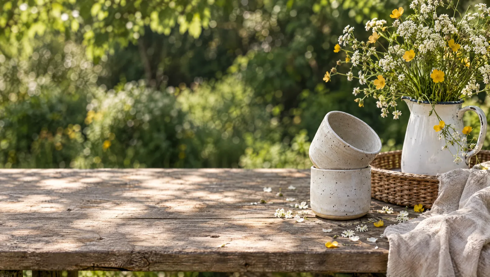 Två fräkniga bägare staplade på ett trädgårdsbord, bredvid en emaljkanna med hundkex och smörblommor.